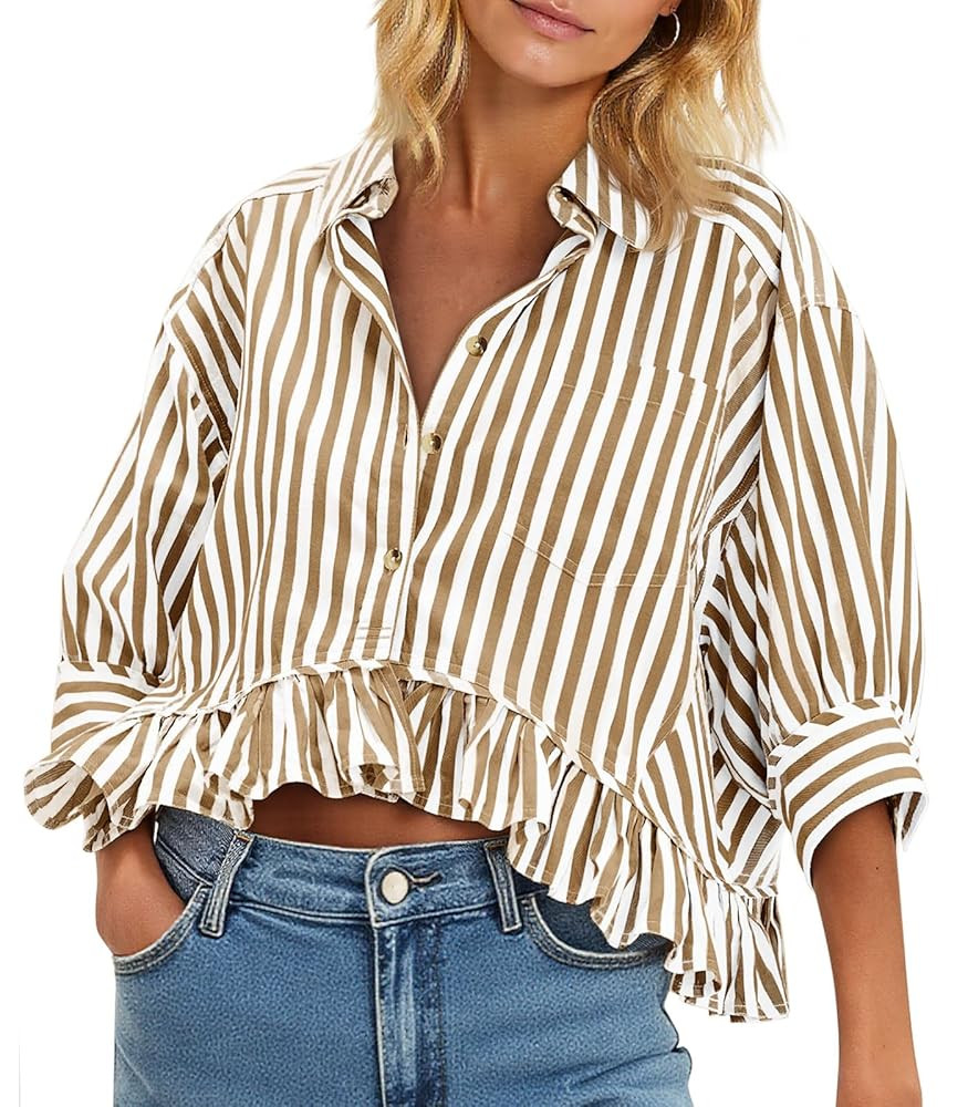 Cicy Bell Womens Cropped Striped Button Down Shirts Ruffle 3/4 Length Sleeve Summer Tops Dressy Casual Blouses | Amazon (US)