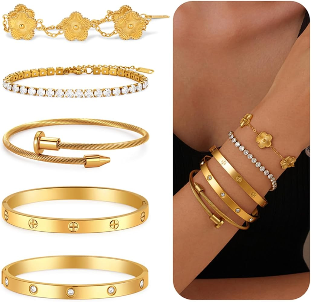 5 Pcs Love Bangle Gold Clover Bracelets Set for Women, 316L Stainless Steel with Mirror Polish & ... | Amazon (US)