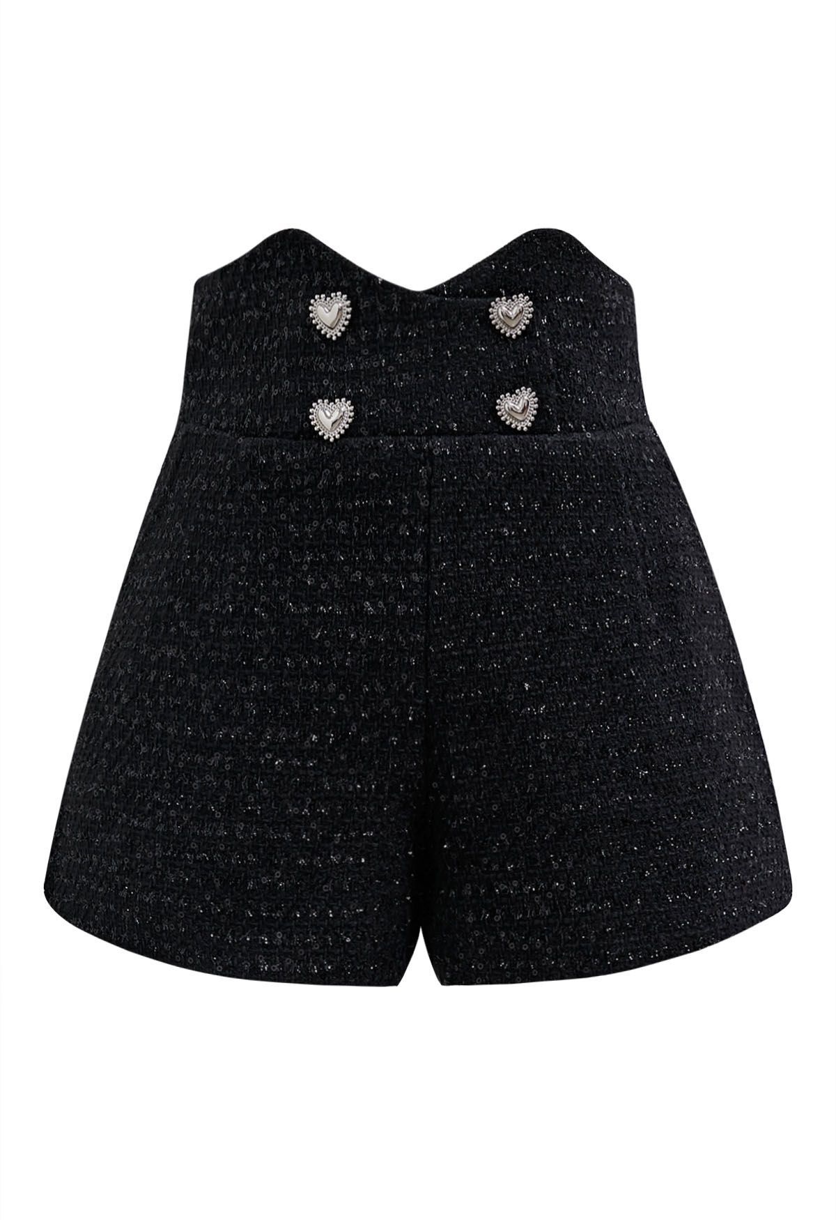 Heart Button Sequin Embellished Tweed Shorts in Black | Chicwish