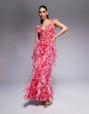 Lace & Beads ruffle midaxi tulle dress in red and pink floral | ASOS (Global)