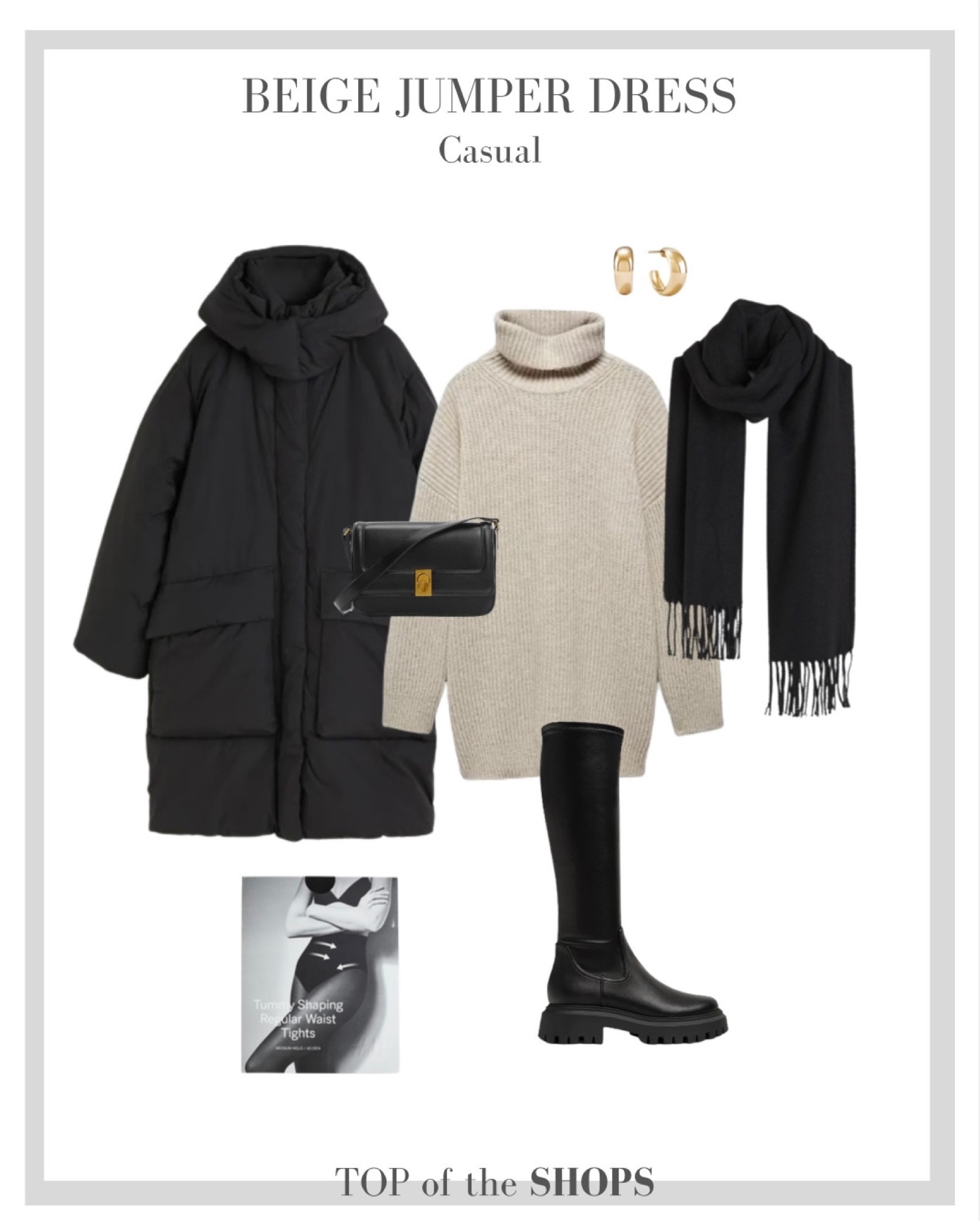 Beige jumper dress, outfit inspiration, winter style, winter fashion, New in, black puffer coat, black scarf, knee high boots, H&M, Mango, Mejuri, Tights 

#LTKSeasonal #LTKeurope #LTKstyletip