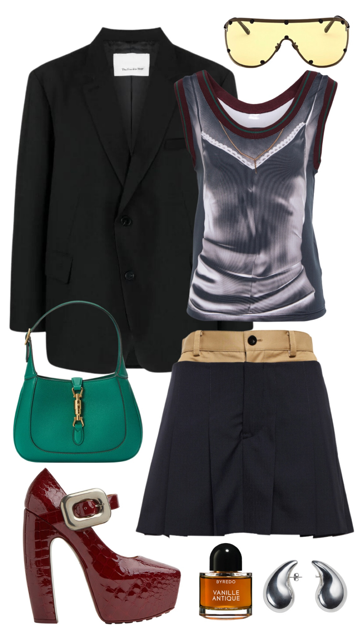 the frankie shop blazer 
y/project x jean paul gualtier top
sacai skort 
bottega veneta mostra heels 
gucci mini jackie bag 
tom ford shield sunglasses 
bottega veneta drop earrings 
byredo vanille antique perfume 

#LTKFind #LTKfit #LTKstyletip