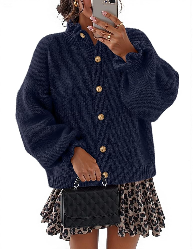 MEROKEETY Women's Fall 2025 Chunky Cardigan Sweaters Trendy Ruffle Button Down Long Sleeve Casual... | Amazon (US)