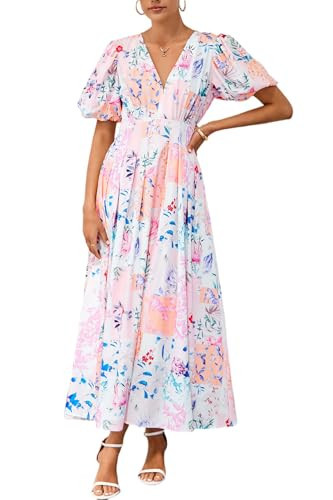 Maxigerui Women's Summer Floral Maxi Dress Spring Wedding Guest Dress 2026 Pink Blue Floral Print L | Amazon (US)
