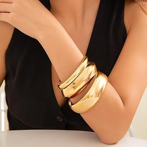3PCS Chunky Gold Bangle Bracelets Trendy Wide Chunky Cuff Bangles Bracelets Gold Stackable Bracel... | Amazon (US)