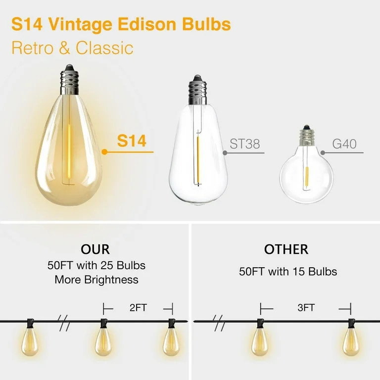 PHOPOLLO S14 50ft LED Outdoor String Lights, with 25 Edison Vintage Bulbs, IP44 Waterproof, Conne... | Walmart (US)
