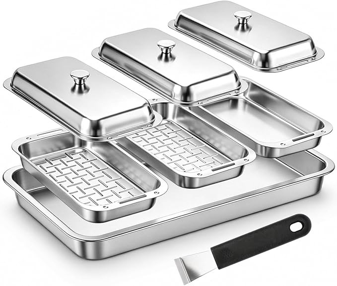 BBQ Vegetable Grill Basket Set, 4 Piece Stainless Steel Grill Pan Set with Universal Handle & lid... | Amazon (US)