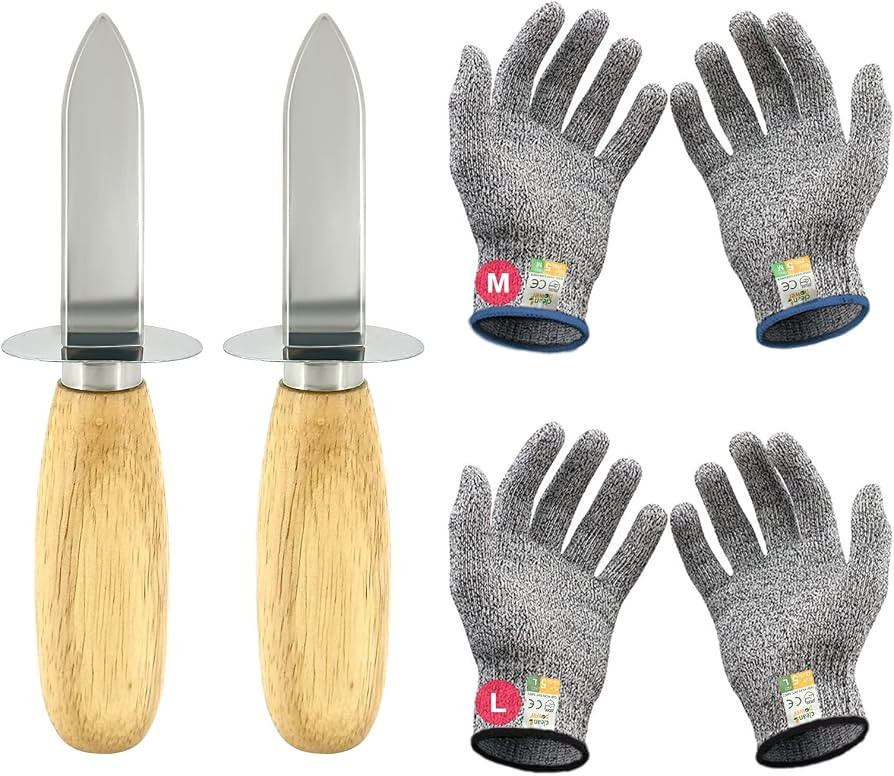 Oyster Shucking Knife Set of 2 Stainless Steel Oyster Knifes and 2 Pairs Level 5 Cut-Resistant Gl... | Amazon (US)