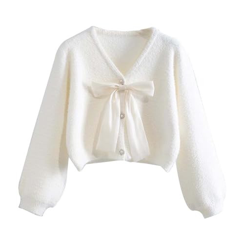 Women's Short Sweater Cardigan Winter Bow Knit Short Mink Velvet Coat Puff Sleeve V Neck Sweet Ladies (White, One Size) | Amazon (US)