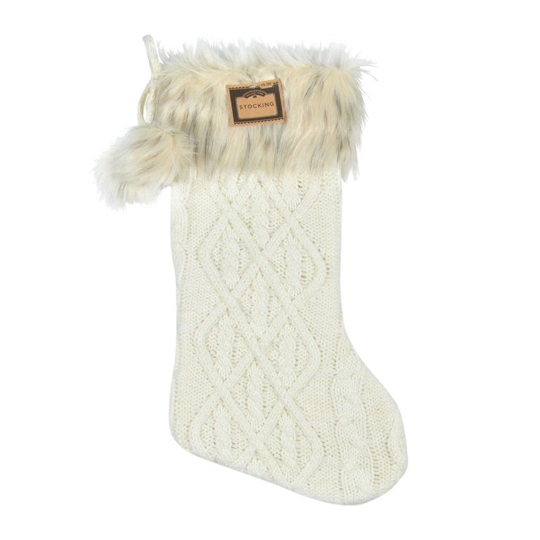 Holiday Time Cream Classic Cable Knit with Faux Leopard Fur Cuff 20" Stocking | Walmart (US)