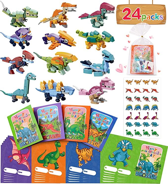 24 Packs Valentines Day Gifts for Kids Classroom-Dinosaur Building Blocks with Valentines Day Car... | Amazon (US)