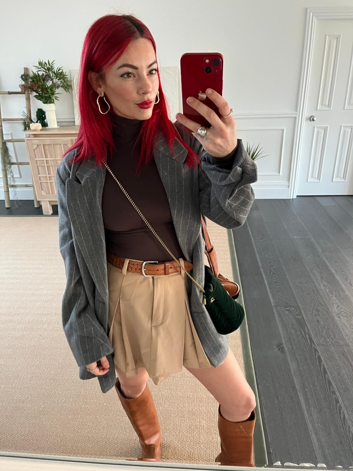 Striped grey blazer, Lululemon brown long sleeve top, brown cargo mini skirt, tan leather belt, Gucci green velvet bag

#LTKstyletip #LTKeurope #LTKSeasonal