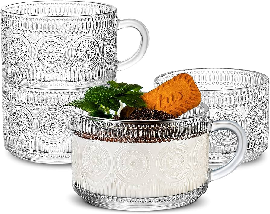 LUXU Vintage Glass Coffee Tea Cups(4 Pack)-Stackable,14 oz Glass Tea Coffee Mugs,Clear Embossed B... | Amazon (US)