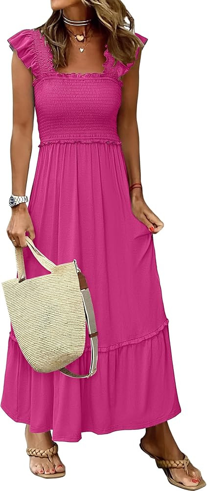 Womens Summer Sleeveless Maxi Dress Square Neck Smocked Boho Casual Ruffle Strap Flowy A-Line Lon... | Amazon (US)