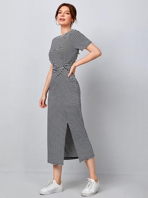 Dresses for Women - Striped Print Twist Front Slit Hem Dress (Color : Black and White, Size : X-L... | Amazon (US)