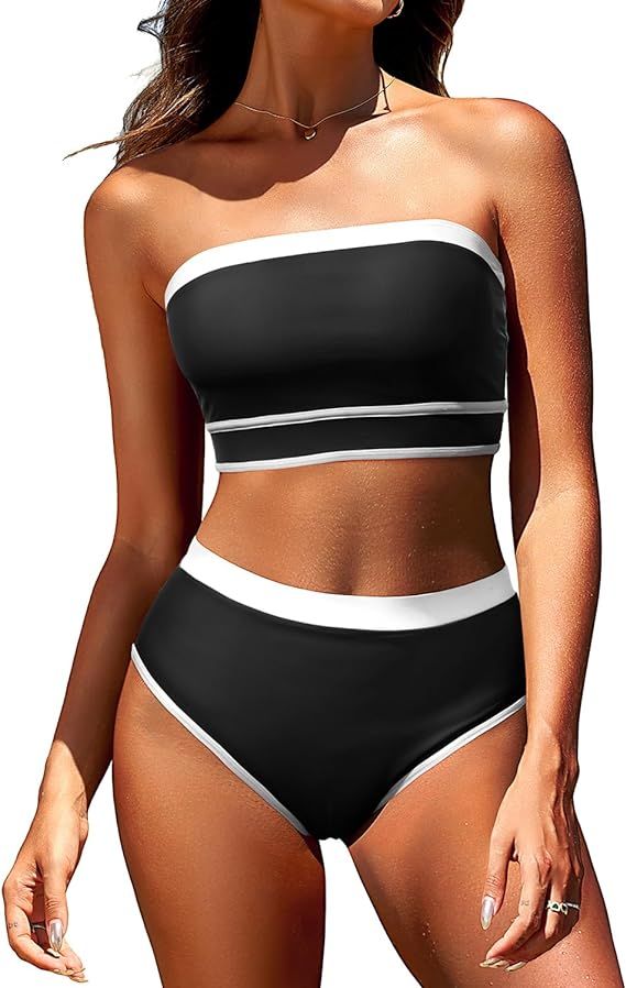 Yonique Bandeau Bikini Women's High Waisted Swimsuit Two Piece Strapless Bathing Suits | Amazon (US)