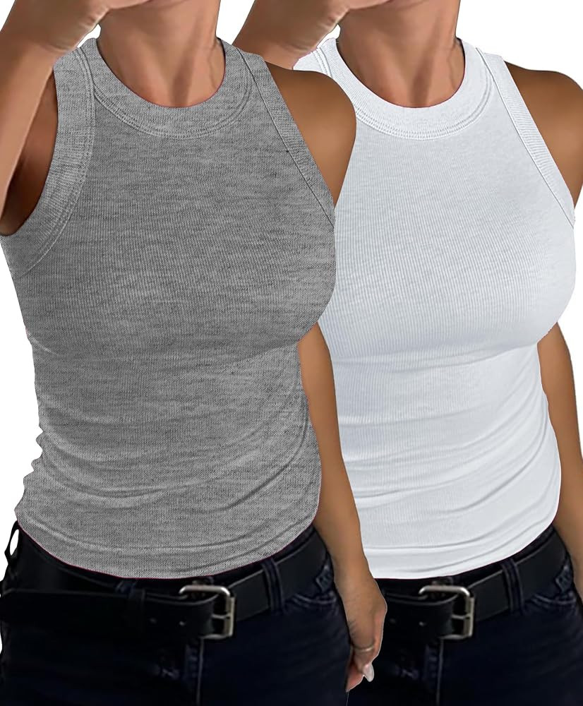 C.O.Z.Y Camisetas sin mangas para mujer, paquete de 2 camisetas acanaladas con espalda cruzada pa... | Amazon (US)