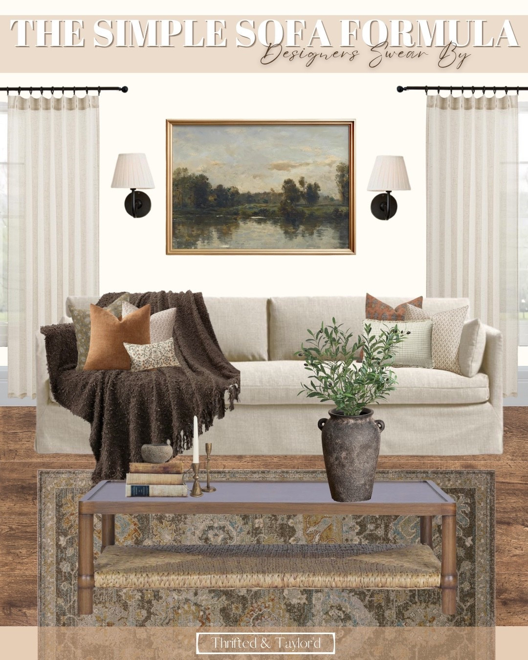This sofa setup is a great example of how a space can feel finished without being overly styled. A neutral sofa sets the foundation, layered pillows add pattern and depth, and a soft throw brings in warmth and texture. What really pulls it together is the balance — the coffee table grounds the space, while the artwork and sconces draw your eye upward and make the sofa feel intentional.
This is the kind of formula that works in so many homes because it’s flexible, timeless, and easy to build on over time. I’ve linked all the pieces here so you can recreate this look or mix and match what works best in your own living room.

#LTKHome