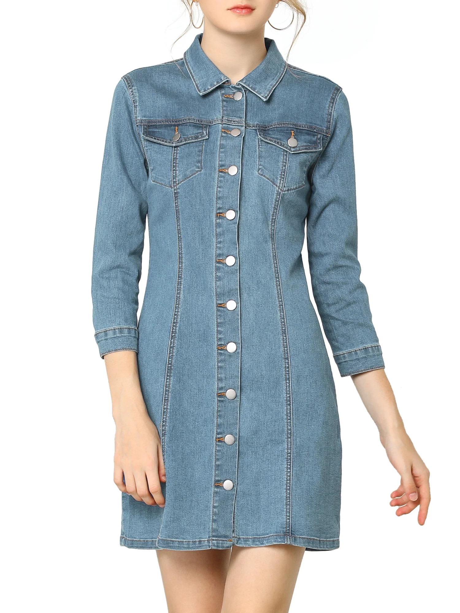 Unique Bargains Women's 3/4 Sleeve Button Down Denim Shirt Dress | Walmart (US)
