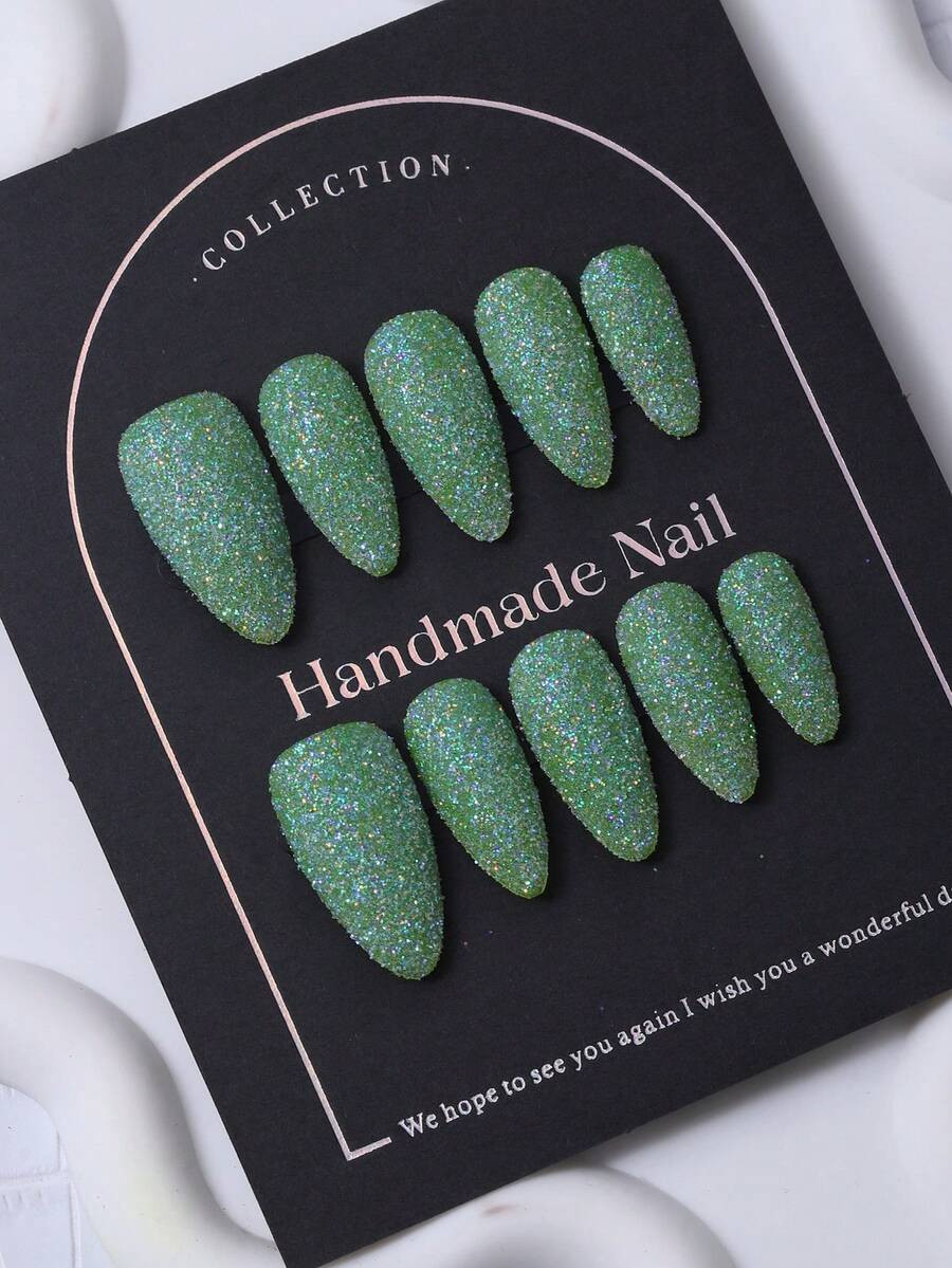 Handmade Almond Shaped Nail Stickers In A Green Y2K Style & Hand Painted Glitter Gradient Design ... | SHEIN