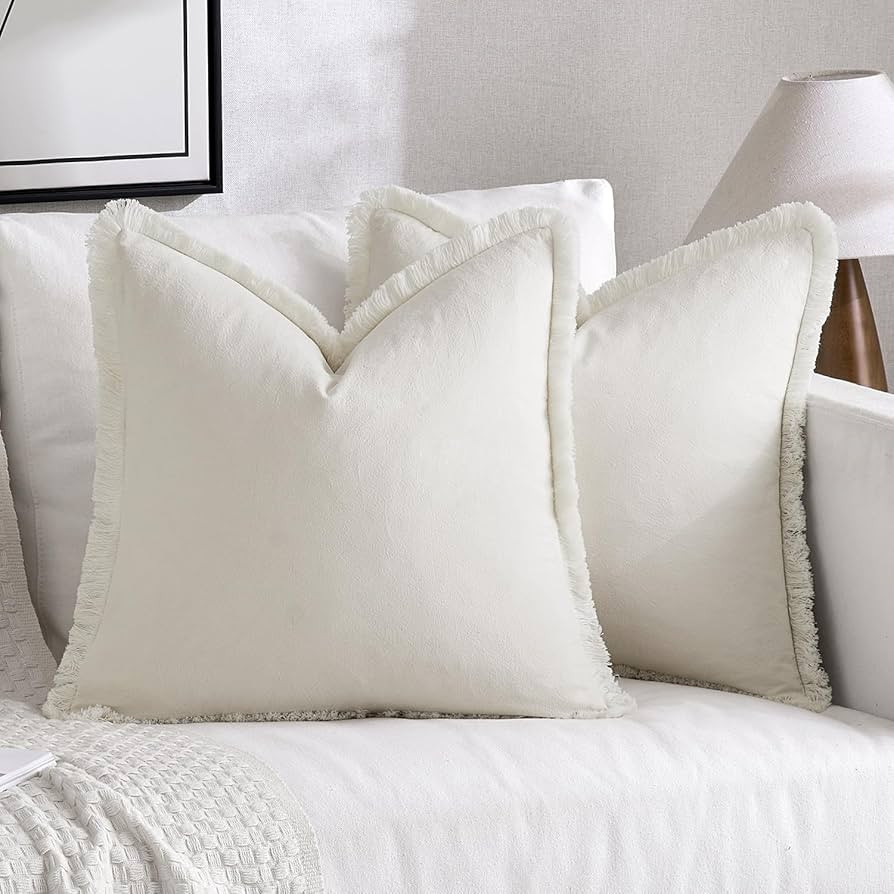 MIULEE Throw Pillow Covers 20x20 Set of 2 Cream Pillow Covers with Fringe Chic Cotton Decorative Pillows Square Cushion Covers Farmhouse Boho Decor for Sofa Couch Bed Living Room | Amazon (CA)