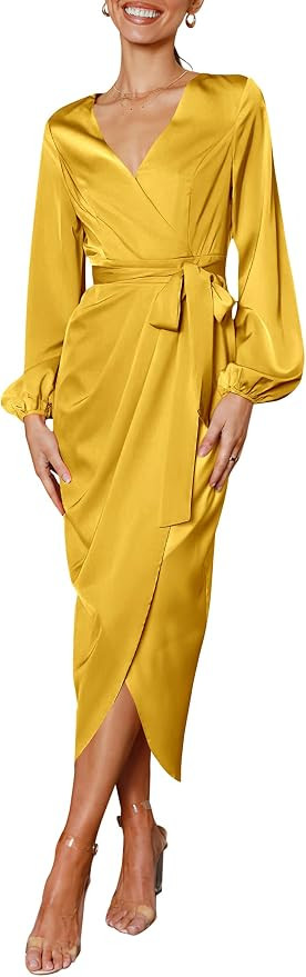 PRETTYGARDEN Women's Maxi Satin Puff Sleeve Wrap V Neck Ruched Belted Long Formal Cocktail Dresse... | Amazon (US)