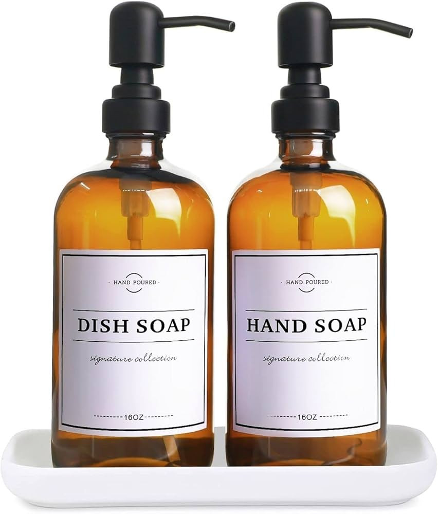 Amber Glass Soap Dispenser with Pump and Tray - Hand Dish Soap Dispenser Bottles for Hand Soap, Dish | Amazon (US)
