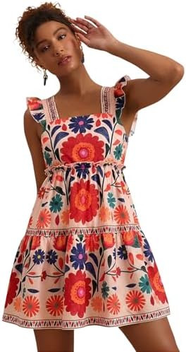 RoseSeek Women's Floral Tropical Graphic Short Dress Boho Ruffle Hem Sleeveless Vacation Tank Dre... | Amazon (US)