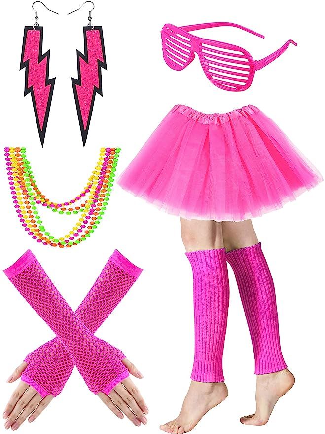 Women's 80s Costume Accessories Set, Adult Tutu Skirt, Leg Warmers, Fishnet Gloves, Earrings Neck... | Amazon (US)