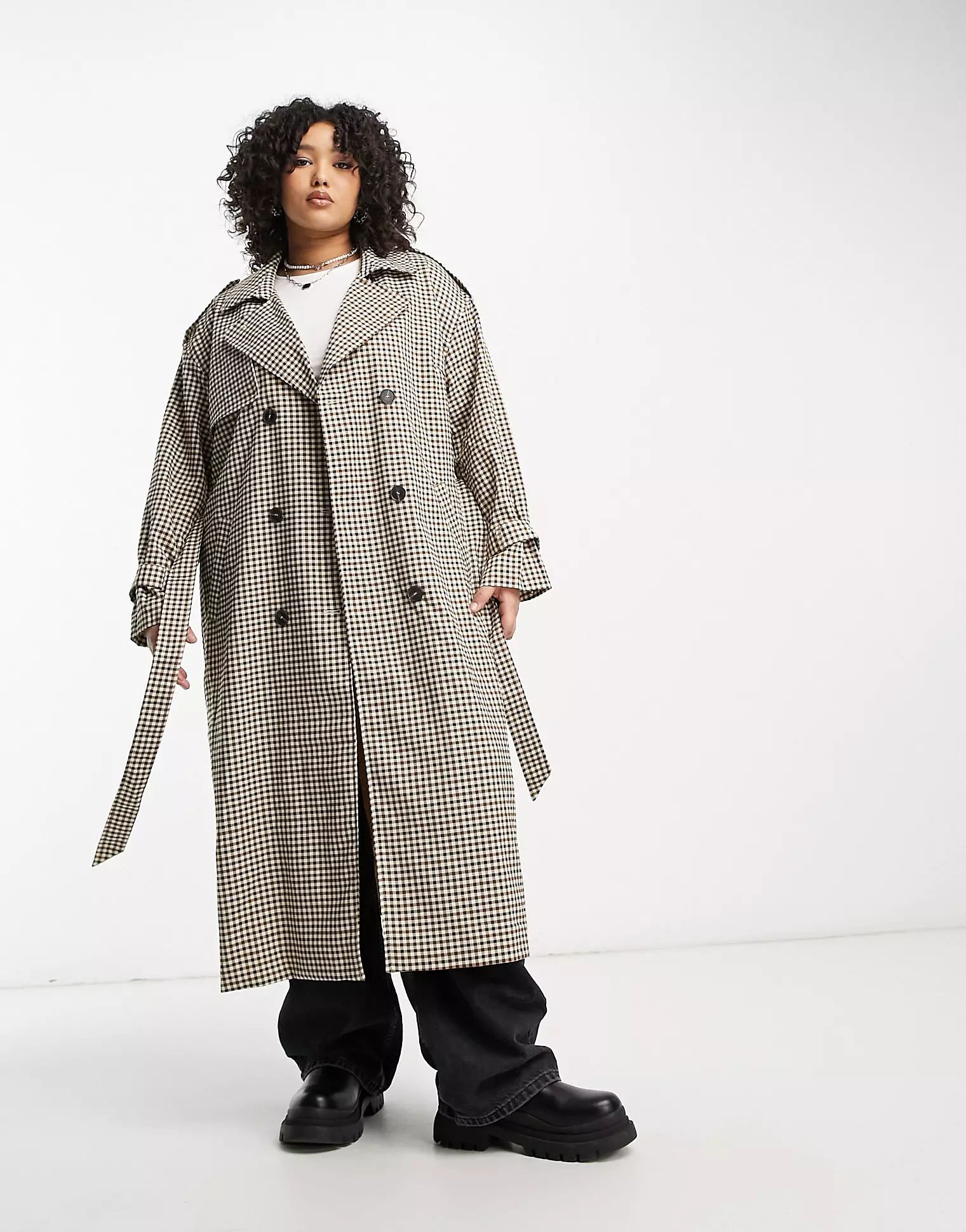Only Curve trench coat in brown check | ASOS (Global)