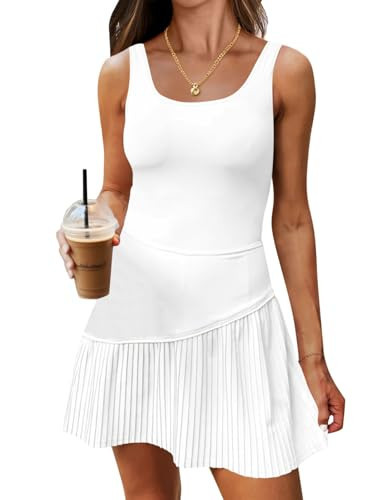 Fisoew Womens Tennis Dress with Built in Shorts and Bra Summer Sleeveless Pleated Golf Athletic Mini Dresses White | Amazon (US)