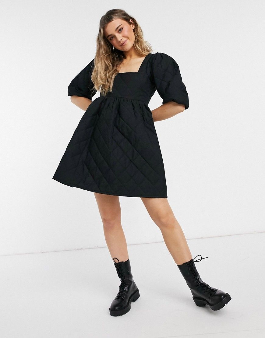 ASOS DESIGN square neck quilted mini smock dress with puff sleeves in black | ASOS (Global)