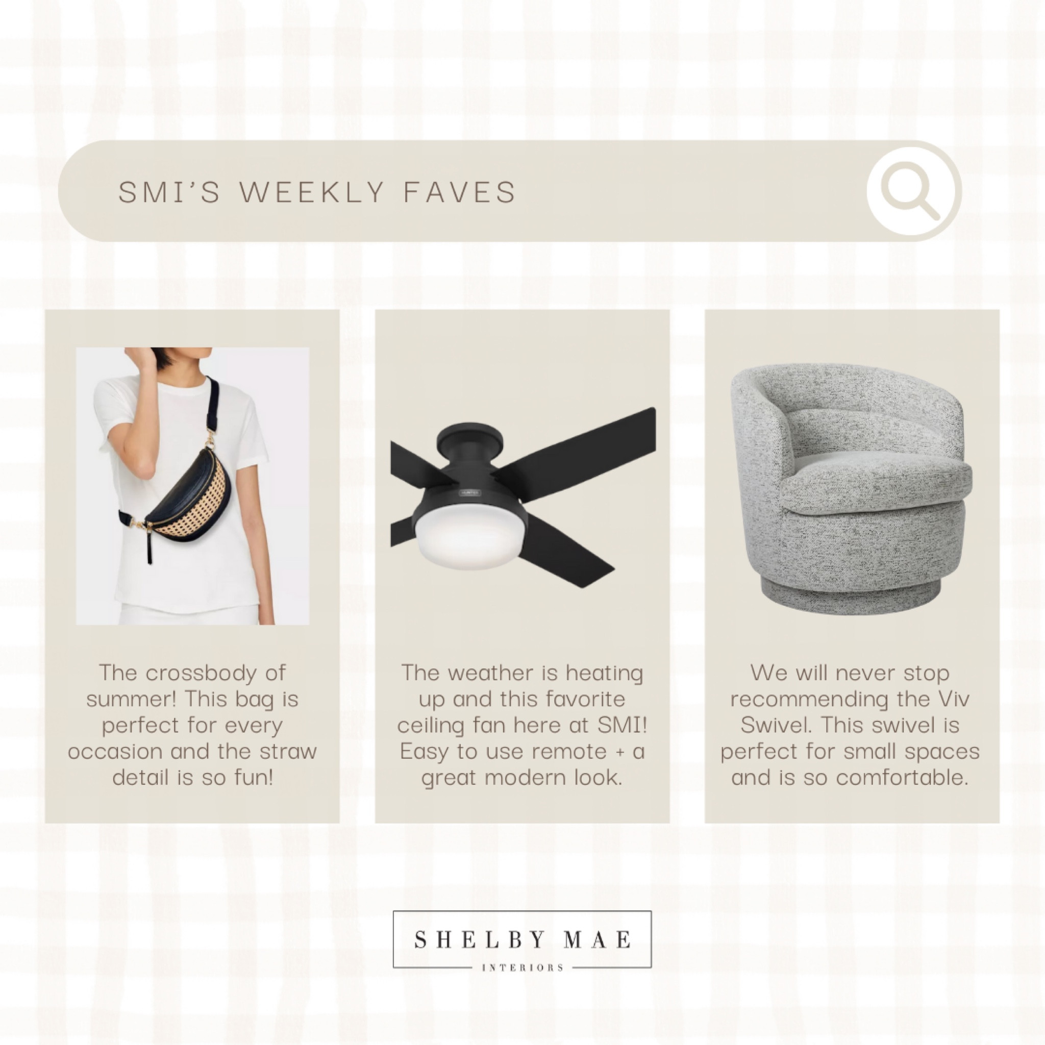 we are all about summer this week! a bag, a ceiling fan + a perfect chair to snuggle up with your next beach read #SMI