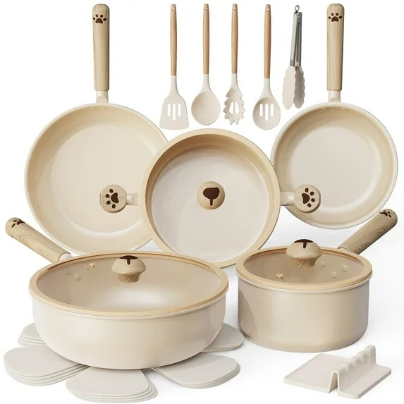 Astercook 17-Piece Ceramic Cookware Set with Dog Paw Wooden Handles, Nonstick Pots and Pans Set f... | Walmart (US)