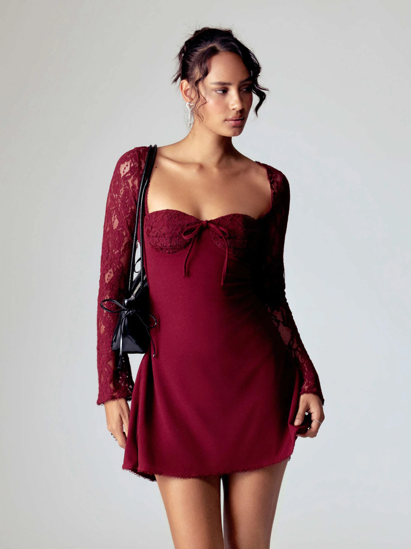 Lace Woven Cotton-blend Lace Jacquard Square Neck Bell Sleeve Cut Out Lace Up A-line Mini Dress F... | Cider