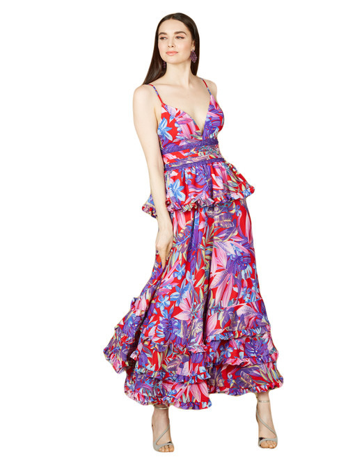 LARA New York Ruffle Skirt Printed Gown in Red at Nordstrom, Size 10 | Nordstrom