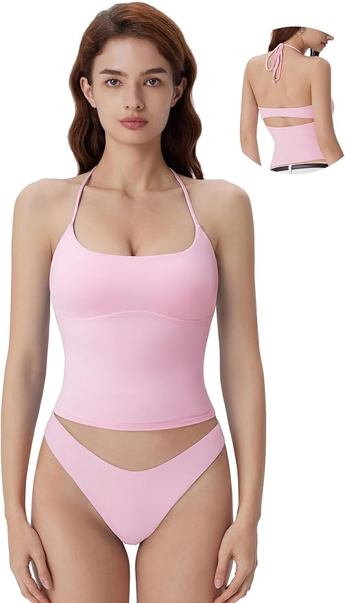 SUUKSESS Halter Tops for Women Tank Tops with Built in Bras Double Lined Backless Top Y2K Going O... | Amazon (US)