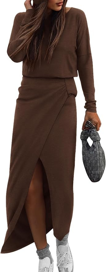 KIRUNDO Fall Dresses for Women 2025 Long Sleeve Boat Neck Wrap Ruched Elastic Waist Casual Knit M... | Amazon (US)