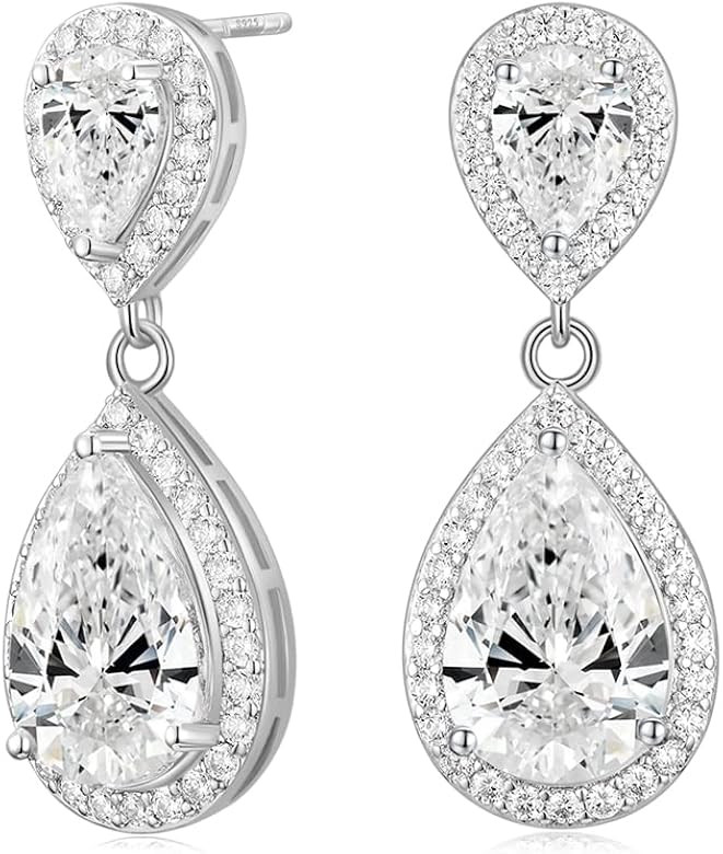 EAMTI Silver Dangle Earrings for Women Cubic Zirconia Teardrop Bridal Wedding Earrings 925 Sterli... | Amazon (US)