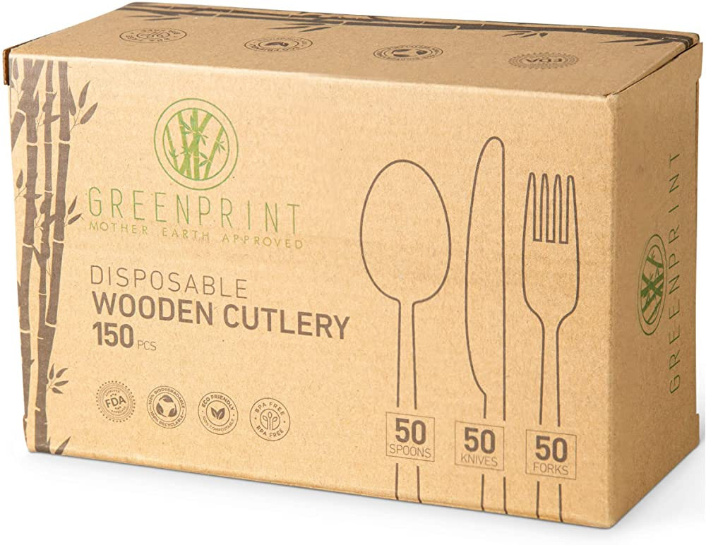 GREENPRINT Disposable Wooden Cutlery Sets - 150 Piece Total: 50 Forks, 50 Spoons, 50 Knives, 6 In... | Amazon (US)