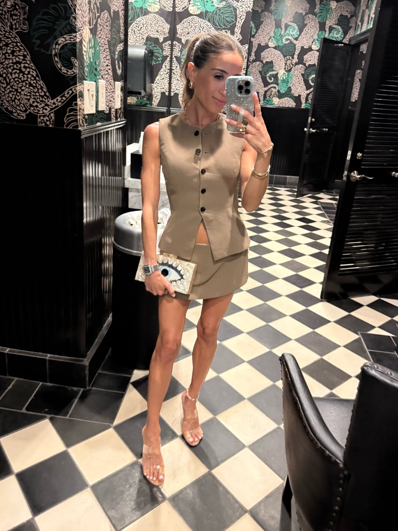 Matching vest and skort size 2xs with clear heels 
Date night outfit

#LTKPetite #LTKootd