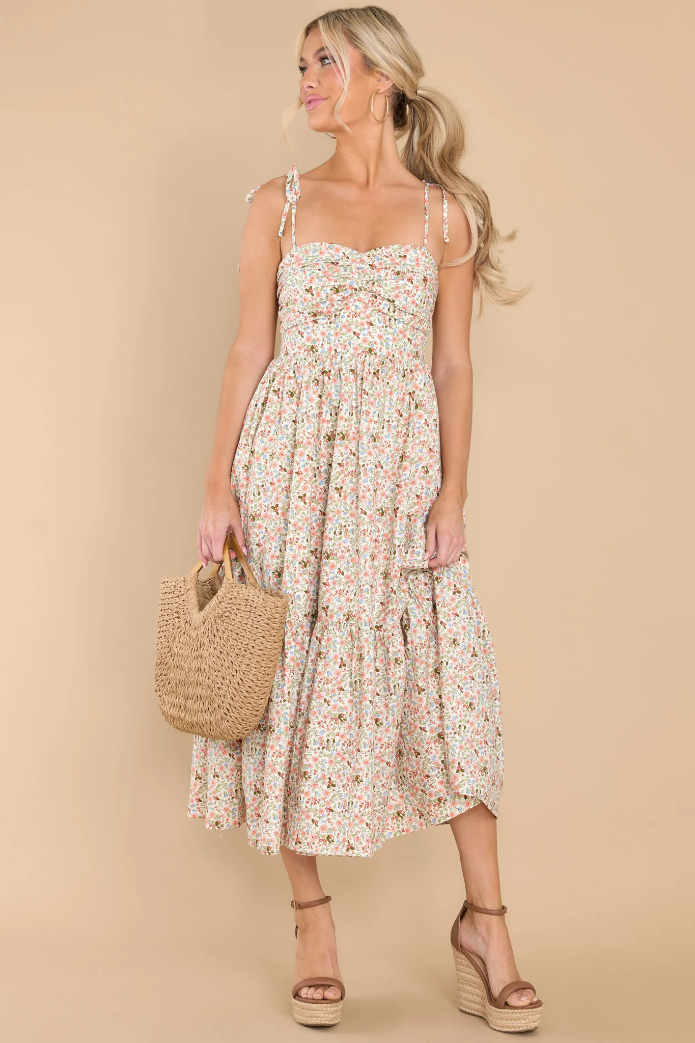 Frolic Through The Fields Ivory Multi Midi Dress | Red Dress 