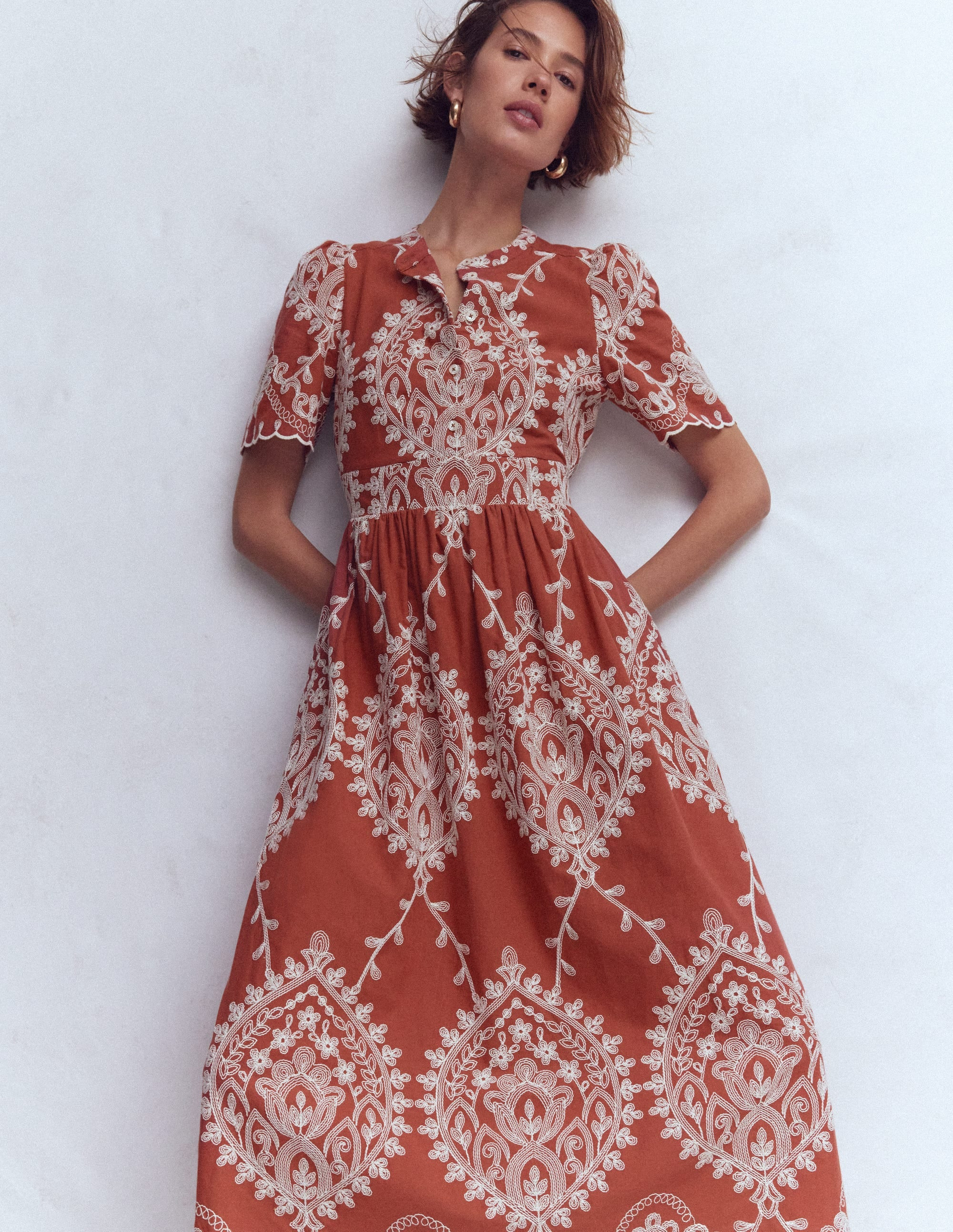 Ivy Cotton Midi Dress-Rust Embroidery | Boden (US)