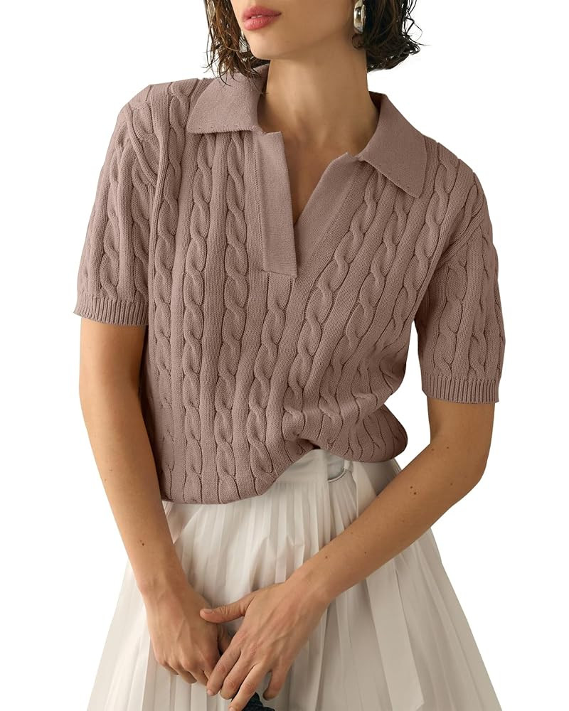 Imily Bela Women's Cable Short Sleeve Sweaters Tops Solid Lapel V Neck Knit Casual Soft Pullover ... | Amazon (US)