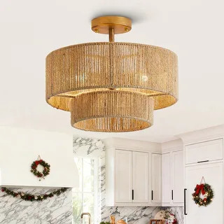 Bohemian Gold Natural Handmade Jute Rope 3-Light Two-Tier Drum Semi-Flush Mount Ceiling Light - 1... | Bed Bath & Beyond
