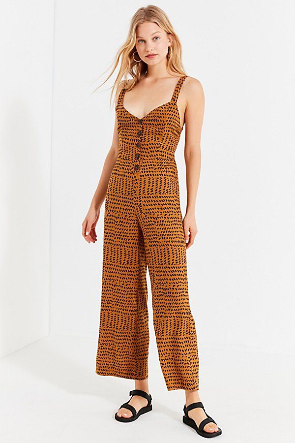 UO Ashley Button-Down Tie-Back Jumpsuit - Brown XS at Urban Outfitters | Urban Outfitters (US and RoW)