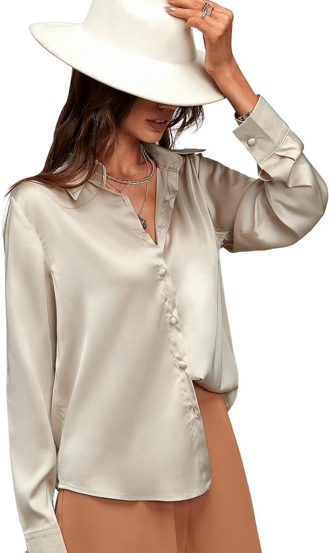 Women's Satin Long Sleeve Button Down Collared Blouse Shirt Top | Amazon (US)