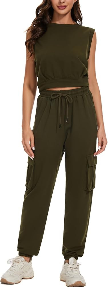 LOCUBE Women's Lounge Sets Sleeveless Casual Tracksuits 2 Piece Outfits Crop Top and Cargo Pants | Amazon (US)