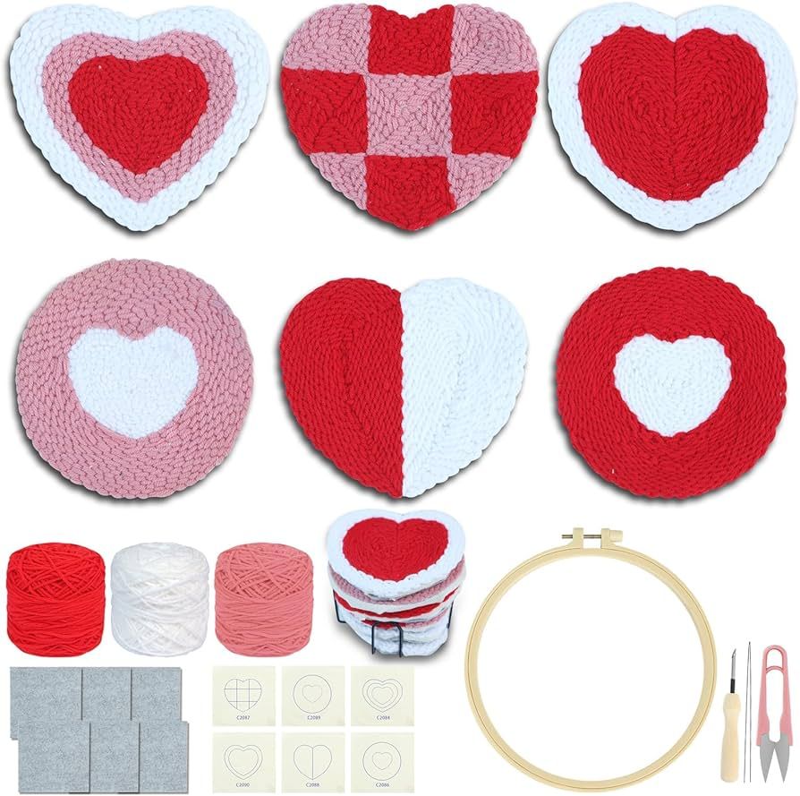 6 Pcs Heart Punch Needle Coaster Kit Easy Punch Needle Coasters Kits for Adults Beginners Includi... | Amazon (US)