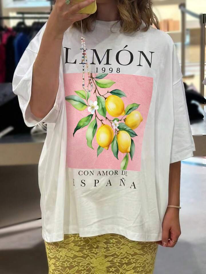 Loose Fit Lemon & Letter Print Korte Mouw Casual T-shirt | SHEIN